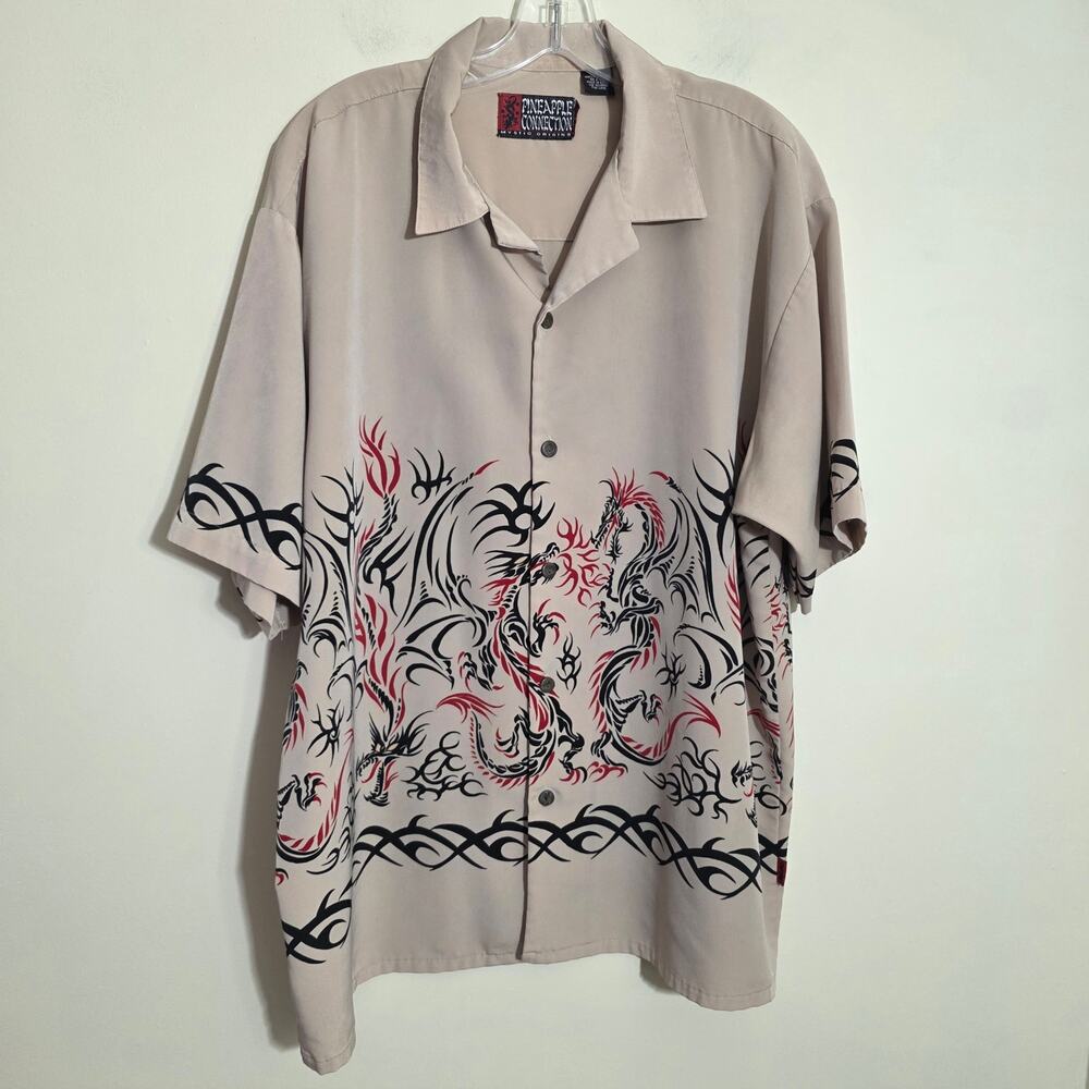 Vtg Pineapple Connection dragon tribal print button front camp shirt Mens size L